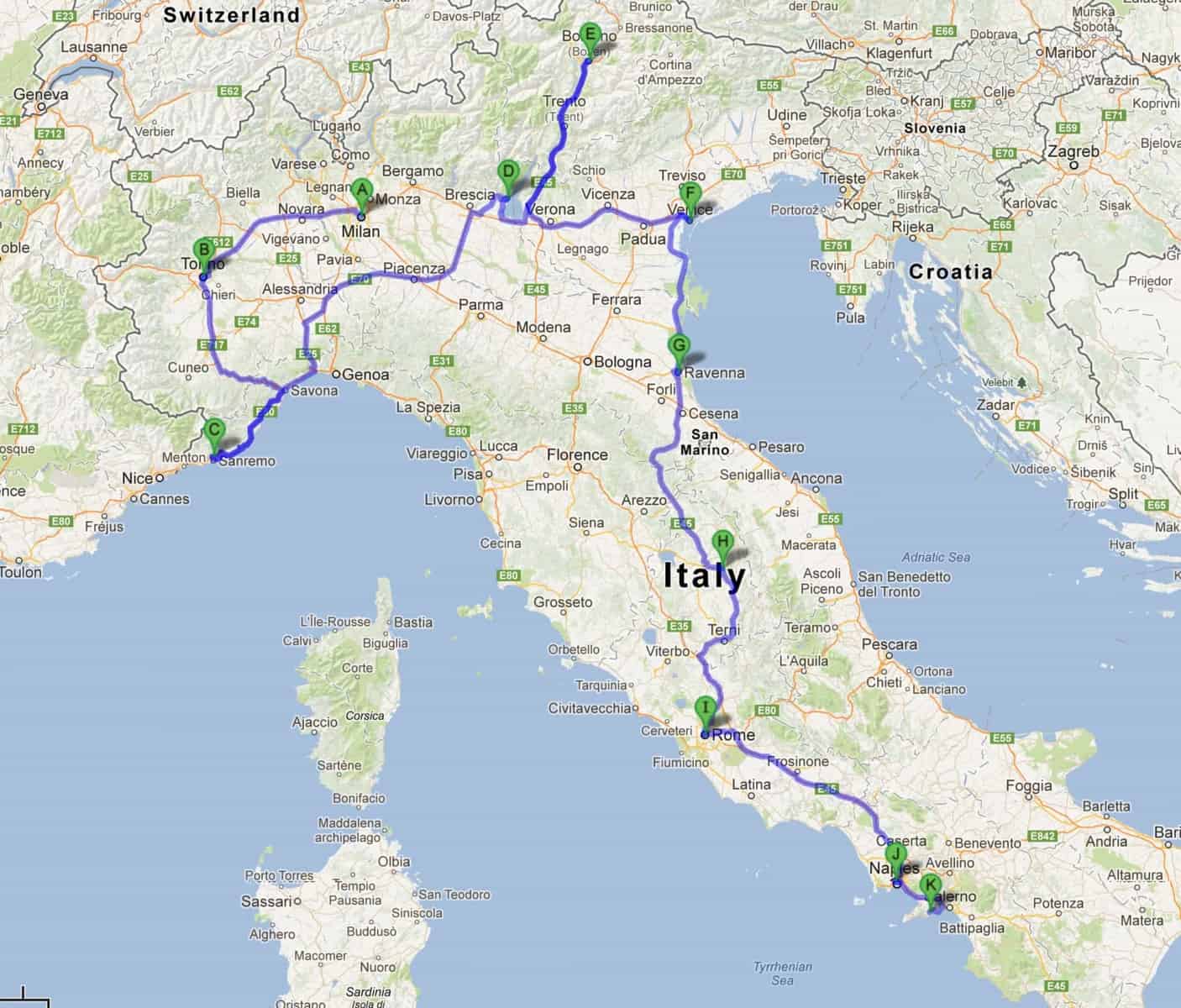 road trip map of italy